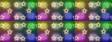 Kar tanelerinin soyut arkaplanı olan şirin bir Noel arkaplanı. Noel ve yeni yıl moda baskıları için tatil tasarımı. Renkler. Raster illüstrasyonu. Yeşil, nötr ve mor kar taneleri.