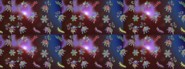 Gömlek, arka plan modelini çiz. Kahverengi, mor ve mor renkli çiçekler. Tropik çiçekler.