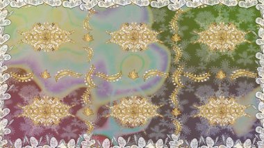 Altın antika ortaçağ dekoratifi, yapraklar ve tarafsız renklerde altın desenli süslemeleri olan dikişsiz bir şablon. Kusursuz kraliyet lüksü, altın barok kumaş rengi..