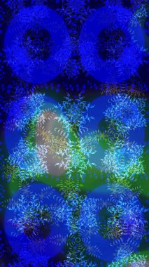 Kar tanelerinin soyut arkaplanlı Noel şablonu. Noel ve yeni yıl moda baskıları için tatil tasarımı. Raster illüstrasyonu. Mavi, yeşil ve siyah renkler.