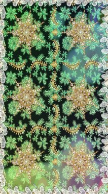 Line art seamless border for design template. Golden outline floral decor. Raster illustration for invitations, cards, web page. Eastern style element. Golden element on gray colors.