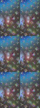 Raster illüstrasyonu. Patlayan çiçekler soyut olarak yerleştirilmiş. Raster deseni. Mavi ve gri renklerde bahar çiçekleri..