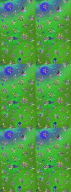 Tekstil, kumaş, ambalaj, hatıra defteri için hoş bir çiçek arkaplanı. Yeşil ve mavi arka planda. Çocuksu tasarım. Elle çizilmiş karalama çiçekleri ile Raster çizim deseni.