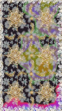 Parlak dantel, stilize çiçekler, şal desenli. Hassas altın deseni açın. Doğu tarzı arabesk. Gri renklerde, altın elementlerle kusursuz desen. Raster. Kusursuz altın dokular bukleler.