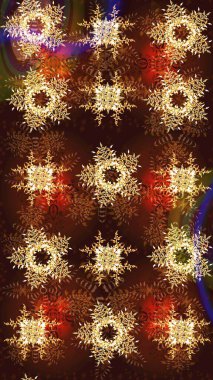 Renkli arka planda izole tatlı kar taneleri. Raster illüstrasyonu. Soyut kış kahverengisi, sarı ve kırmızı süs. Güzel kar tanesi. Yuvarlak raster kar tanesi.