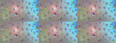 Çiçekli karalama şeklinde Raster çiçek deseni. Gri ve mavi renkte çiçekler. Nazik, narin çiçek arkaplanı.