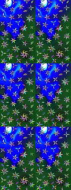 Moda baskıları için zarif bir şablon. Parlak renkli çiçekleri olan ve mavi ve yeşil renkli yaprakları olan harika bir çiçek deseni. Halk tarzı. Modern çiçek arkaplanı.