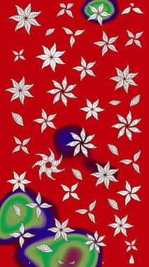 Eski usul. Raster illüstrasyonu. Kumaş, tekstil, duvar kağıdı baskısı için. Renkli desenli eskiz deseni, kırmızı çiçekler ve dekoratif elementlerle. Taslak arkaplan.