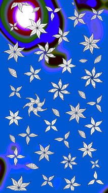 Raster illüstrasyonu. Şirin karalamalı çiçek desenli çizim. Robot resim tarzı mavi renkler. El yapımı çiçek ve bitki koleksiyonu. Raster illüstrasyonu.