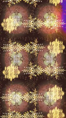 Raster illüstrasyonu. Kahverengi, bej ve sarı renkler. Noel ve yeni yıl moda baskıları için tatil tasarımı. Kar tanelerinin soyut arkaplanlı Noel deseni.