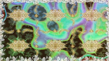 El yapımı dekoratif çerçeve, albüm kapağı, tebrik kartı, klasik Art deco tarzı. Raster soyut çiçek çelengi altın karalama fantezi yaprakları ve tarafsız renklerde çiçek.