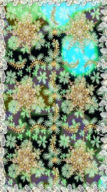 Kusursuz kraliyet lüksü, altın barok kumaş rengi. Altın antika ortaçağ dekoratifi, yapraklar ve tarafsız renklerde altın desenli süslemeleri olan pürüzsüz bir desen..