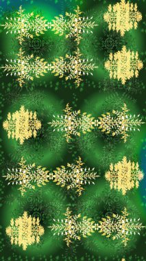 Soyut kış yeşili, mavi ve sarı süs. Renkli arka planda izole tatlı kar taneleri. Güzel kar tanesi. Raster illüstrasyonu. Yuvarlak raster kar tanesi.