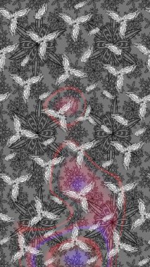 Çok renkli, zarif küçük çiçekler ve gri renkli komik böcekler, raster desen, illüstrasyon.