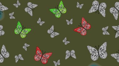 Giysi tasarımı için dekor arka planı. Yeşil kelebek deseni. Parmak izi dokuları için sevimli kelebek çizimi deseni. Raster illüstrasyonu.