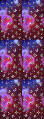 Raster illustration. On purple and violet colors. 3d flowers, sketch.