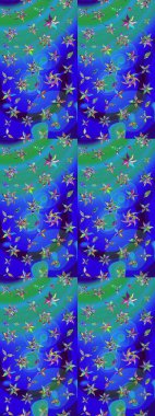 Kabile sanatı boho baskısı, klasik çiçek arkaplanı. Arkaplan dokusu, duvar kağıdı, mavi ve yeşil renkli çiçek teması. Soyut etnik raster çizim kalıbı.