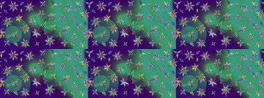 Mavi ve yeşil renkli bitkilerden oluşan parlak bir halı ile çizim deseni.