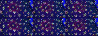 Halk tarzı. Modern çiçek arkaplanı. Moda baskıları için zarif bir şablon. Parlak renkli çiçekleri ve mavi ve mor renkli yaprakları olan muhteşem bir çiçek deseni..