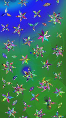 Arkaplan dokusu, duvar kağıdı, yeşil ve mavi renkli çiçek teması. Soyut etnik raster çizim kalıbı. Kabile sanatı boho baskısı, klasik çiçek arkaplanı.