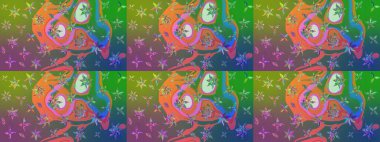 Soyut etnik raster çizim kalıbı. Vadinin yeşil ve mavi renkli çiçekleri. Çiçekler..