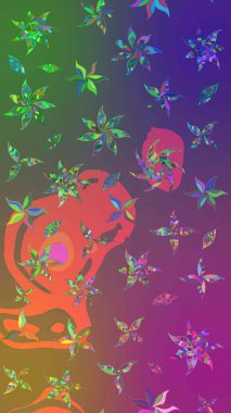 Raster illüstrasyonu. Mor ve yeşil renkli mor ve yeşil papatya deseni. Mor ve yeşil renklerde.