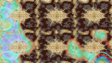 Geleneksel oryantasyon süsü. Kahverengi renkli ve altın elementli eskiz deseni. Klasik klasik klasik arka plan. Klasik Raster altın desenini çiz.