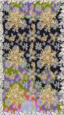 Çiçek desenli altın metal. Kusursuz altın desen. Raster altın çiçek süsü brokar kumaş ve cam desenli. Altın elementli gri renkler.