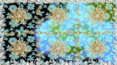 El yapımı dekoratif çerçeve, albüm kapağı, tebrik kartı, klasik Art deco tarzı. Raster soyut çiçek çelengi altın karalama fantezi yaprakları ve mavi renkli çiçek.