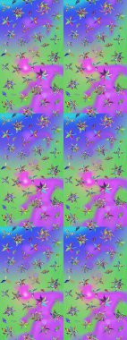 Eskiz arkaplan modeli. Menekşe yapraklı ve yeşil renkli yabani çiçekler. Raster illüstrasyonu. Suluboya, elle çizilmiş.