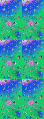 Yeşil ve mavi renklere karalamalar çizilmiş çiçek deseni. Raster illüstrasyonu.