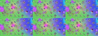 Raster illüstrasyonundaki çiçek desenli çizim. Düz Çiçek Elementleri Tasarımı. Yeşil ve mor renkli çiçekler. Renkli Bahar Teması çizim şablonu.