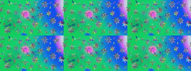 Çok yeşil ve mavi zarif küçük çiçekler ve yeşil ve mavi renkli komik böcekler, raster desen, illüstrasyon.