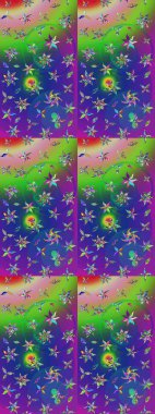 Raster Çiçek İllüstrasyonu 'nun şirin tekstili. Yeşil ve mavi renkli etnik çiçeklerle zarif bir eskiz deseni.