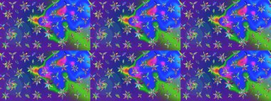 Elle çizilmiş çiçek desenli Raster çizimi. Tekstil, kumaş, ambalaj, hatıra defteri için hoş bir çiçek arkaplanı. Çocuksu tasarım. Mavi ve mor arkaplanda.