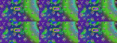 Kumaş desenli papatya çiçeği detayı. Yeşil ve mavi renkte çiçekler.