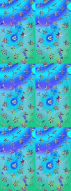 Çiçekli karalama şeklinde Raster çiçek deseni. Mavi ve yeşil renkli çiçekler. Nazikçe, güzel çiçek arkaplanı..