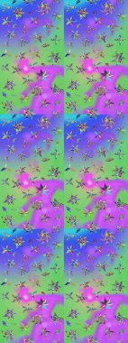 Eskiz arkaplan modeli. Menekşe yapraklı ve yeşil renkli yabani çiçekler. Raster illüstrasyonu. Suluboya, elle çizilmiş.