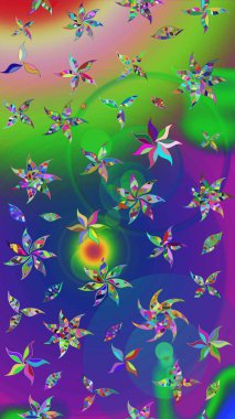 Raster illüstrasyonundaki çiçek desenli çizim. Yeşil ve mavi renklerde. Raster illüstrasyonu. Güzel kumaş deseni.