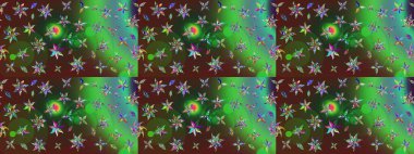 Raster düz çiçek çizim deseni. Hediye ambalaj kağıdı, tebrik kartları, posterler ve pankart tasarımı. Yeşil ve kahverengi renkte çiçekler.