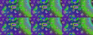 Kumaş desenli papatya çiçeği detayı. Yeşil ve mavi renkte çiçekler.