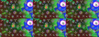 Raster illüstrasyonundaki çiçek desenli çizim. Yeşil ve kahverengi renkli çiçekler. Renkli Bahar Teması eskiz kalıbı. Düz Çiçek Elementleri Tasarımı.