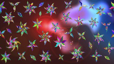 Renkli grunge, soyut arkaplanı kolonya ve mor çiçeklerle süslüyor. Parmak izi, kumaş, duvar kâğıdı, tekstil için raster dokusu. Nakış desenli çiçek deseni..