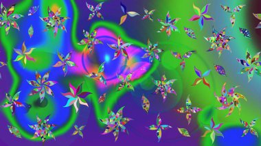 Şatafatlı bahar bahçesi dokusu. Yeşil ve mavi renkte çiçekler. Çiçek deseni. Raster illüstrasyonu. Yeşil ve mavi renkte çiçek çizimi.