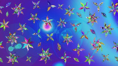 Raster illüstrasyonundaki çiçek desenli çizim. Mavi ve mor renkte çiçekler.