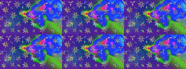 Elle çizilmiş çiçek desenli Raster çizimi. Tekstil, kumaş, ambalaj, hatıra defteri için hoş bir çiçek arkaplanı. Çocuksu tasarım. Mavi ve mor arkaplanda.