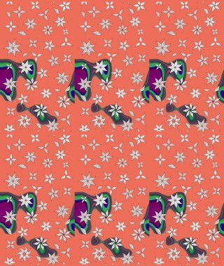 Çiçek desenli çizim. Asya tekstil tarzında. Renkli Bahar Teması eskiz kalıbı. Raster illüstrasyonu. Turuncu renkli çiçekler. Düz Çiçek Elementleri Tasarımı.