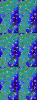 Raster illüstrasyonundaki çiçek desenli çizim. Mavi ve yeşil renkte çiçekler.