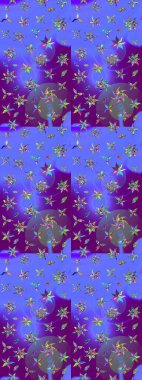 Patlayan çiçekler soyut olarak yerleştirilmiş. Raster illüstrasyonu. Mor ve mavi renklerde bahar çiçekleri. Raster deseni.