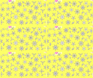 Renkli Bahar Teması eskiz kalıbı. Düz Çiçek Elementleri Tasarımı. Parlak arkaplan eskiz desenli çiçekli fantezi tasarımı.